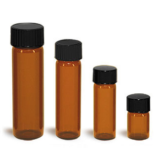 Glass Lab Vials, Amber Glass Lab Vials w/ Black Phenolic Cone Lined Caps