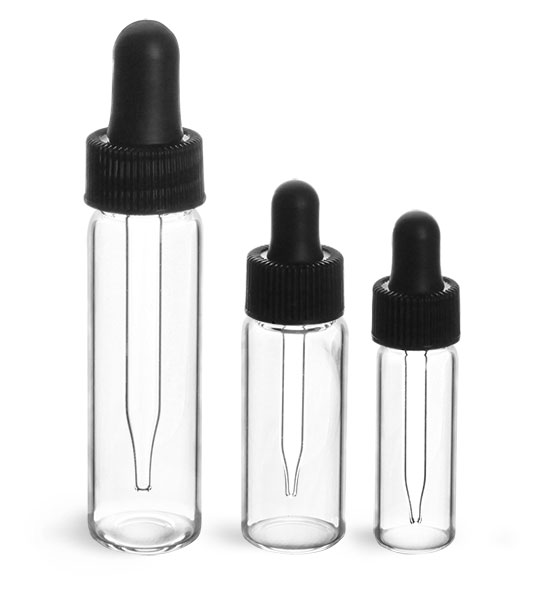 Glass Lab Vials, Clear Glass Lab Vials w/ Black Bulb Glass Droppers