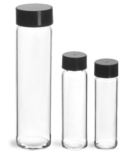 Glass Lab Vials, Clear Glass Lab Vials w/ Black Foil Lined Polypropylene Caps