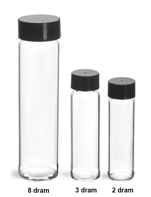 Glass Lab Vials, Clear Glass Lab Vials w/ Black Foil Lined Polypropylene Caps 