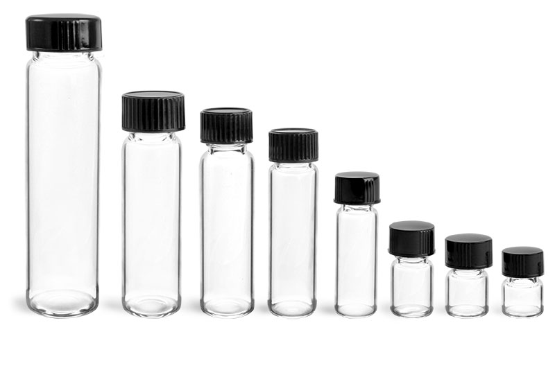 Glass Lab Vials, Clear Glass Lab Vials w/ Black Phenolic Cone Lined Caps