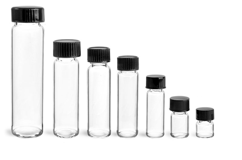 Glass Lab Vials, Clear Glass Lab Vials w/ Black Phenolic Cone Lined Caps