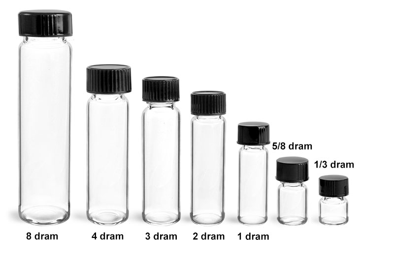 Glass Lab Vials, Clear Glass Lab Vials w/ Black Phenolic Cone Lined Caps 