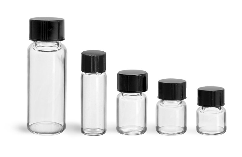 Glass Lab Vials, Clear Glass Lab Vials w/ Black Phenolic PV Lined Caps
