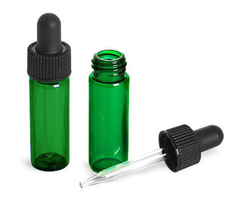 Glass Lab Vials, Green Glass Lab Vials w/ Black Bulb Glass Droppers