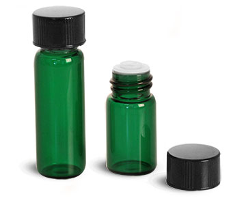 Glass Lab Vials, Green Glass Lab Vials w/ Orifice Reducers & Black Phenolic PV Lined Caps