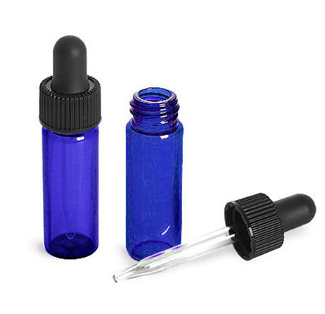 Glass Lab Vials, Blue Glass Lab Vials w/ Black Bulb Glass Droppers