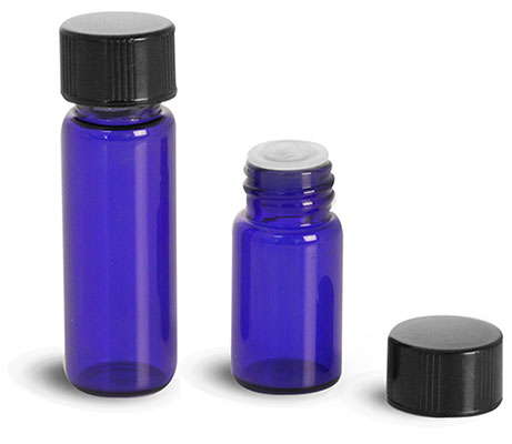 Glass Lab Vials, Blue Glass Lab Vials w/ Orifice Reducers & Black Phenolic PV Lined Caps