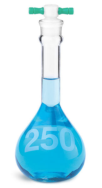 Glass Flasks, Glass Volumetric Flasks w/ Color-Coded PTFE Stoppers