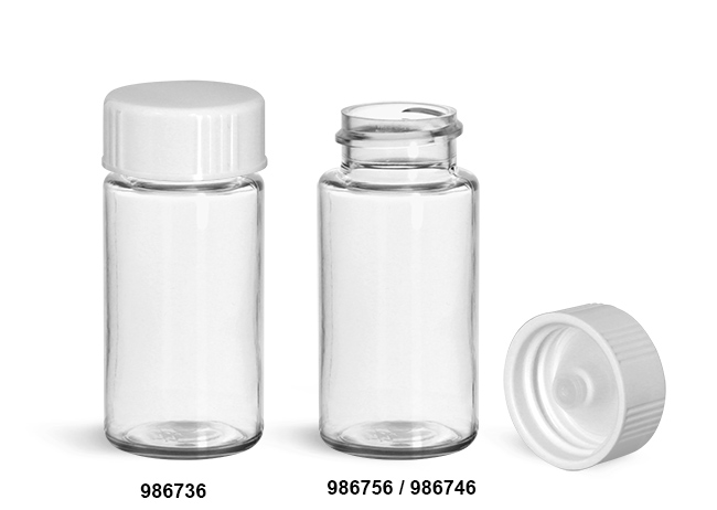 Plastic Lab Vials, Clear PET Scintillation Vials w/ White Polyseal Cone Lined Urea Caps 