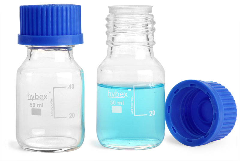 Glass Laboratory Bottles, 50 ml Clear Glass Media Bottles w/ Blue Caps