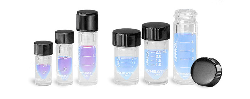 Glass Lab Vials, Clear Glass Graduated High Recovery Vials w/ Black Phenolic Teflon Faced Rubber Lined Caps