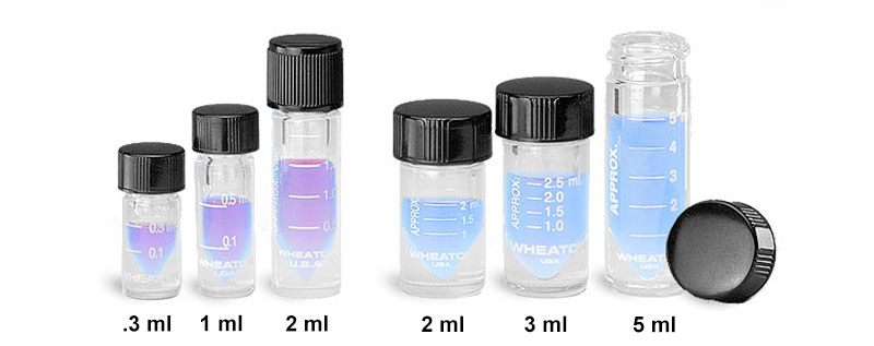 Glass Lab Vials, Clear Glass Graduated High Recovery Vials w/ Black Phenolic Teflon Faced Rubber Lined Caps 
