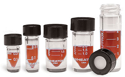 Glass Lab Vials, Clear Glass Graduated High Recovery Vials w/ Black Phenolic Teflon Faced Open Top Caps 