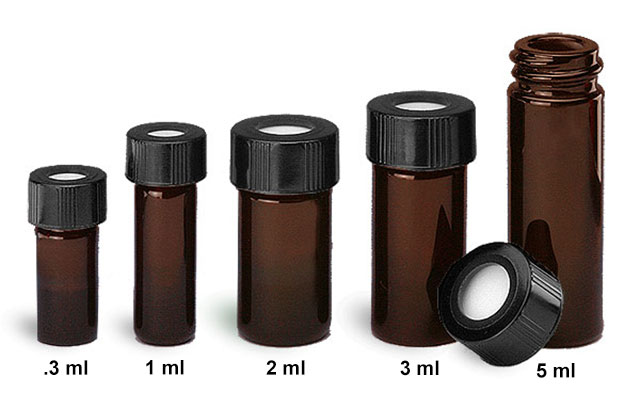 Glass Lab Vials, Amber Glass High Recovery Vials w/ Teflon Faced Open Top Black Phenolic Caps 
